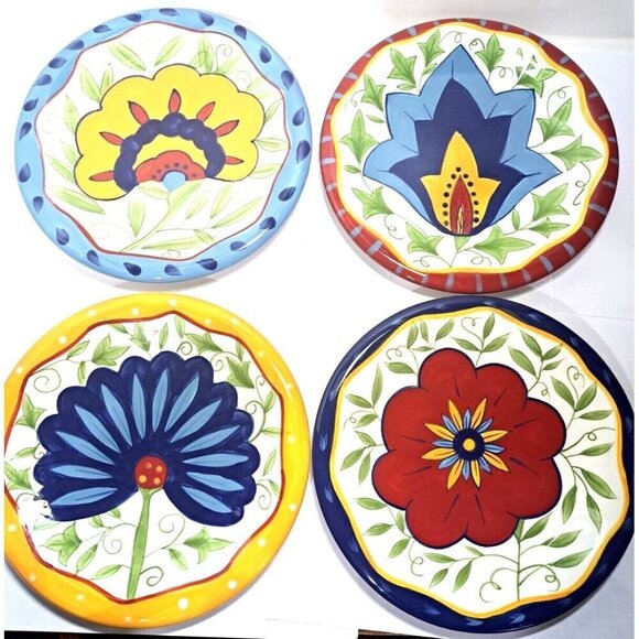 Pier 1 Hand Painted FLORAL Earthenware 8” Dessert Plates Set of Four - Picture 1 of 12